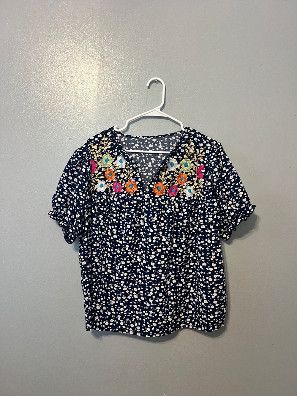 SHEIN Navy Floral Embroidered Short Sleeve Blouse